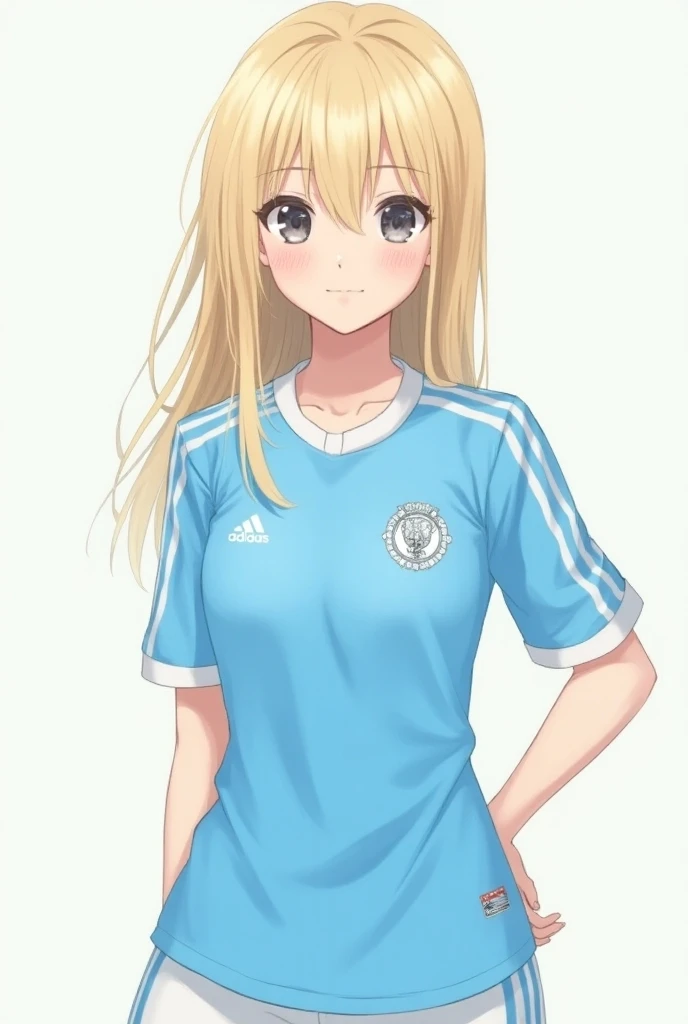  logo Make me a slim blonde anime-style girl with a Sporting soccer jersey all sky blue crystal with white details on the collar , sleeves ,with the crystal logo on the chest and Adidas 