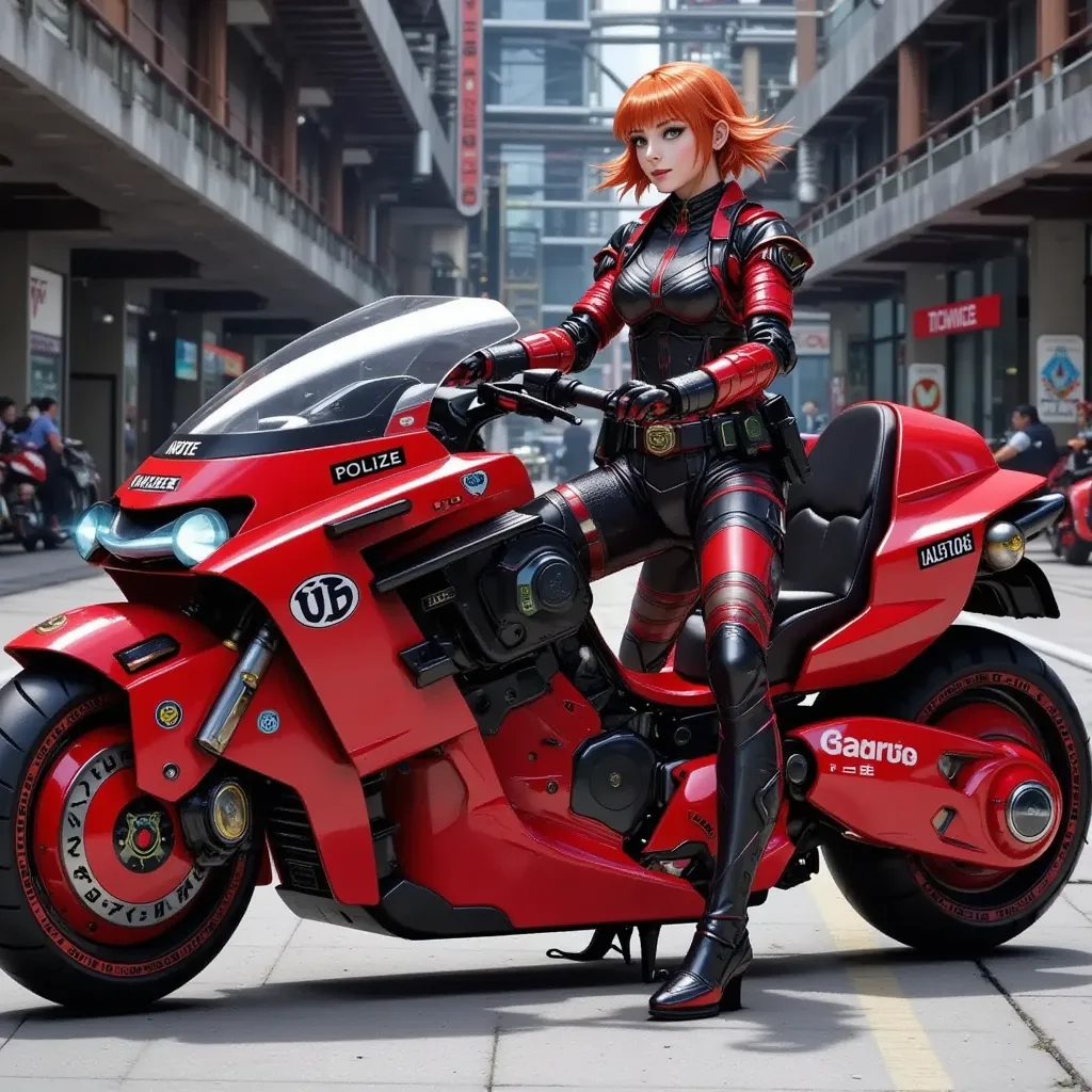 1girl,Sitting,Akira Bike,Lean back,Put your foot forward,Thick eyebrows,police uniform,Large scooter,Very low seat,Low vehicle height,One step ahead,Akira Bike,high resolution,masterpiece,high quality, 
(Photorealsitic:1.4),Raw photo,(super realistic details),portlate,Shadow,Beautiful Skin,detailed face and eyes,Glossy lips,female curvy beauty,Striking contrast,8K,ultrasharp,Akira Bike Red,cycling,Cyberpunk City View,Spectacular screen