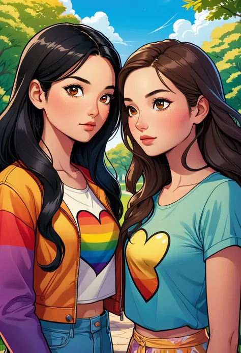 Name "FreenBecky Forever" in a dynamic, colorful rainbow style and in a 3D Graffiti style font to An idyllic comic book style image of Two beautiful young women very much in love in a super tender attitude between them, with their foreheads resting, an Asi...