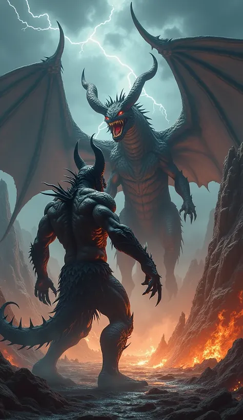 Create a highly detailed image of a demon and a dragon facing each other in an intense confrontation. The demon has a muscular build, sharp horns, glowing red eyes, and dark, cracked skin. The dragon, towering and fierce, has rough, scaly skin, massive win...