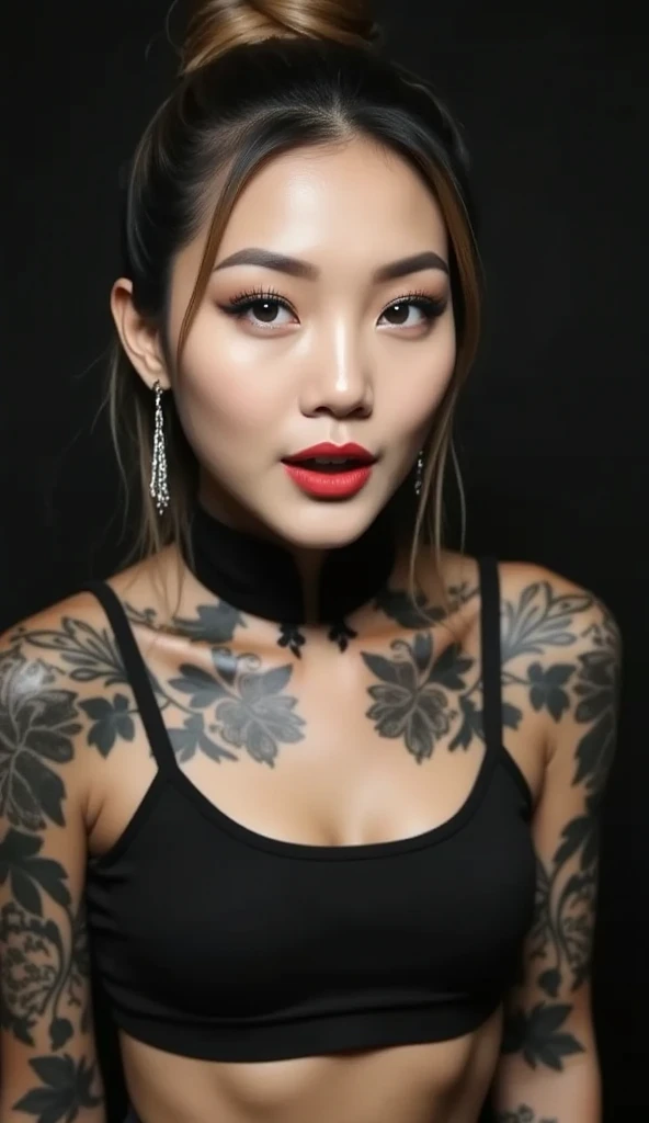 amira  is cute tanned japanese woman, amorous and lewd face, messy bun brown hair, forehead, make-up, grey eyes, superlative body proportion, covered in tattoos, wearing black tanktop, like k-pop star, she looked flirtatiously at the camera and biting her ...