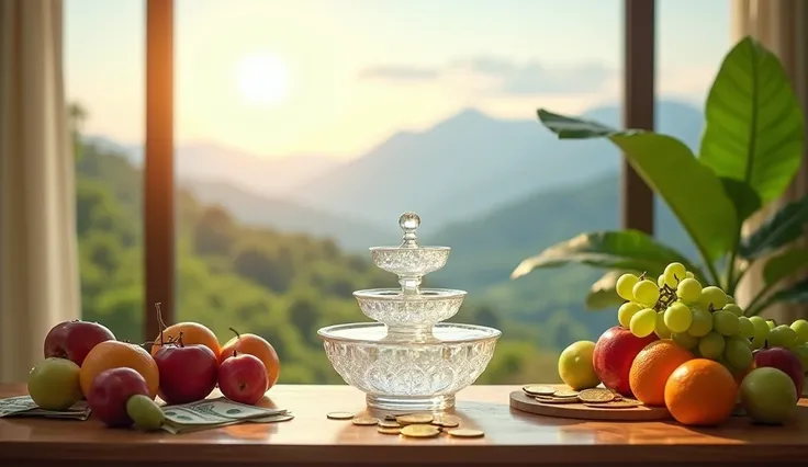 " A realistic scene in 4K that combines elements of wealth and health . in the foreground,  an elegant wooden table with a crystal water fountain ,  surrounded by fresh and healthy fruits  (like apples , grapes and oranges ).  in the background ,  a which ...