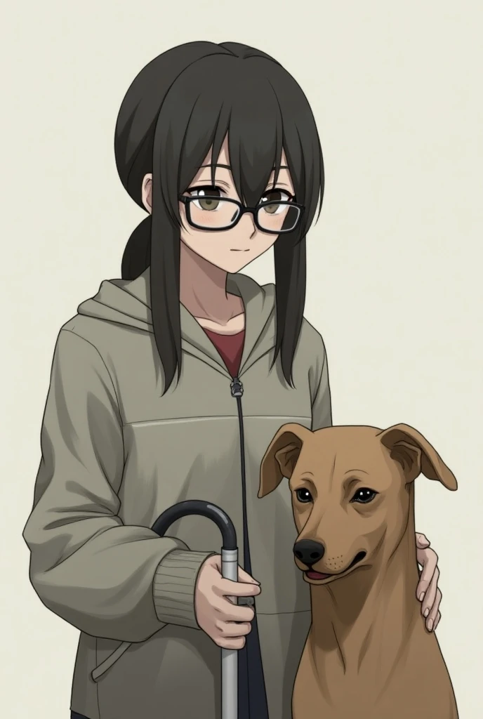 sasuka uticha character in black glasses with guide dog holding a blind stick