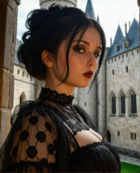 a gothic chubby woman in a black dress in a medieval castle, extremely detailed, oil painting, 8k, cinematic lighting, dramatic ...