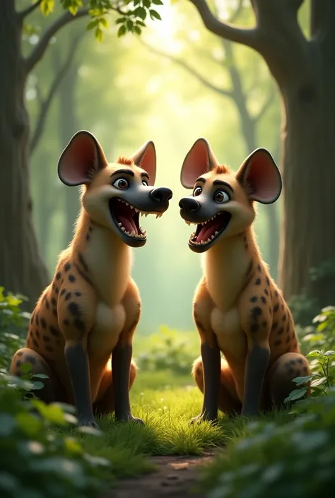  Generate realistic image of two animals, called male hyenas , Happy smile in the middle of the woods 