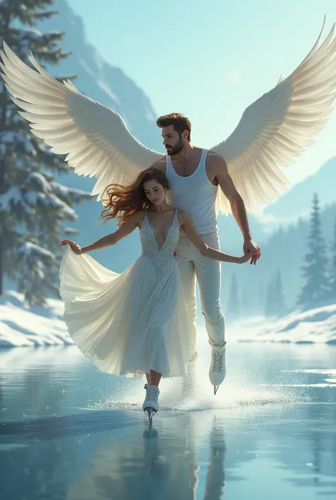 Handsome white-winged man with brown hair flying clutching the hand of a woman skating on a frozen lake 