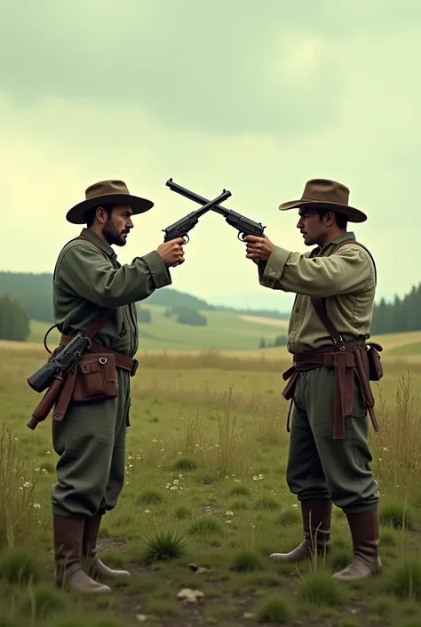 Two peasant people confronting each other with guns in the field