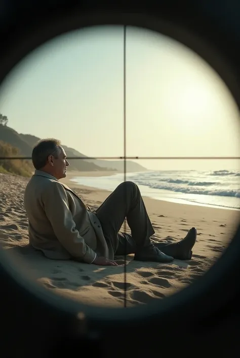 A picture from Sniper of a politician resting on the beach in the morning. There is a wide range of vision 