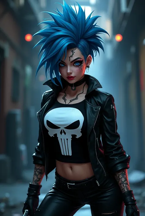 Jinx from Arcane with the Punisher symbol 
