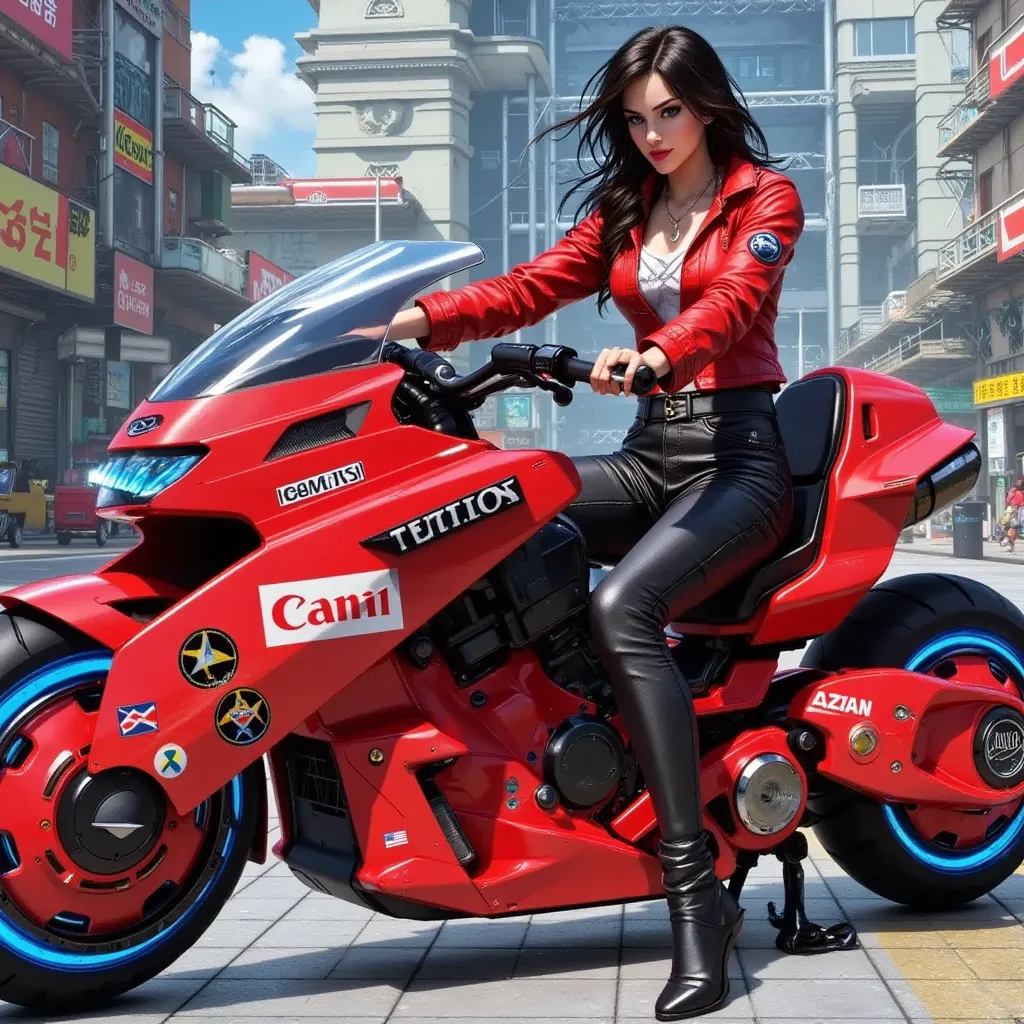 1girl,Sitting,Akira Bike,Lean back,Put your foot forward,Thick eyebrows,office lady,Large scooter,Very low seat,Low vehicle height,One step ahead,Akira Bike,high resolution,masterpiece,high quality, 
(Photorealsitic:1.4),Raw photo,(super realistic details),portlate,Shadow,Beautiful Skin,detailed face and eyes,Glossy lips,female curvy beauty,Striking contrast,8K,ultrasharp,Akira Bike Red,cycling,Cyberpunk City View,Spectacular screen