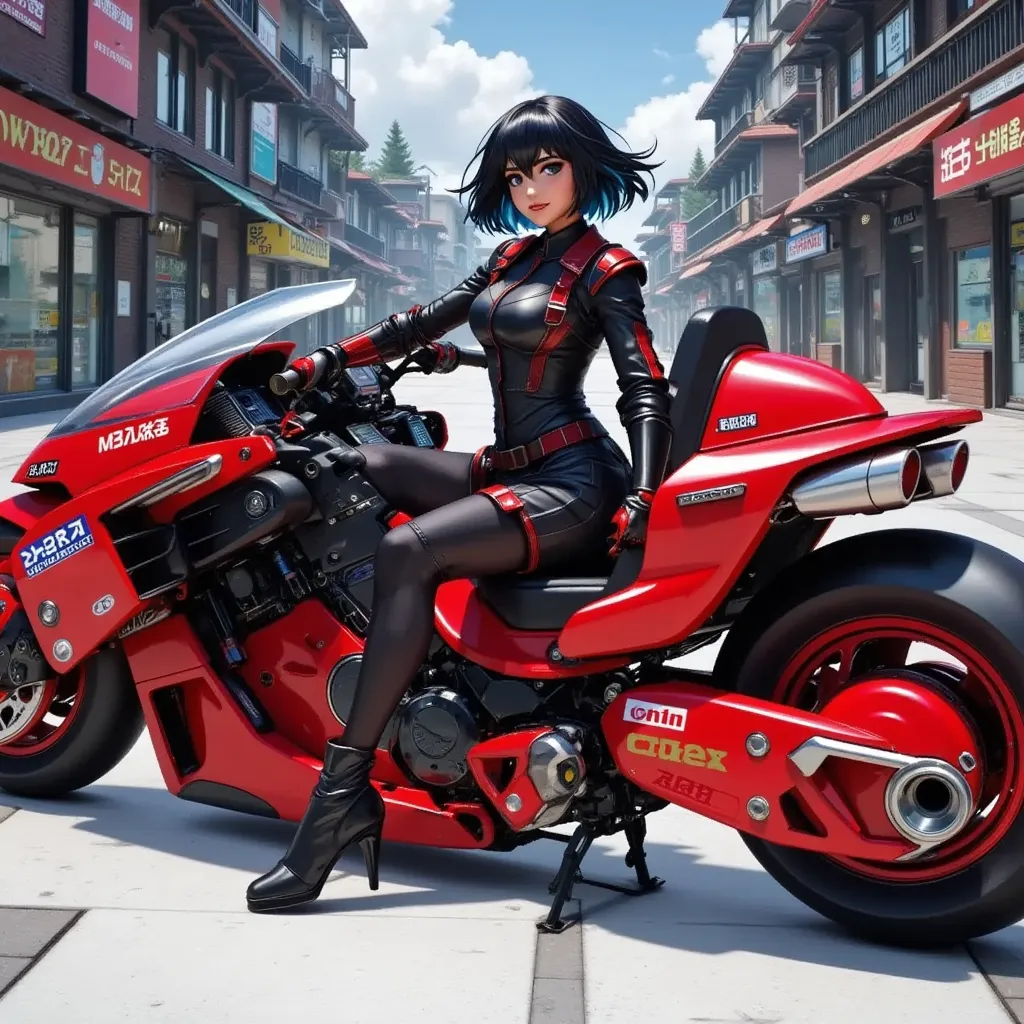 1girl,Sitting,Akira Bike,Lean back,Put your foot forward,Thick eyebrows,office lady,Large scooter,Very low seat,Low vehicle height,One step ahead,Akira Bike,high resolution,masterpiece,high quality, 
(Photorealsitic:1.4),Raw photo,(super realistic details),portlate,Shadow,Beautiful Skin,detailed face and eyes,Glossy lips,female curvy beauty,Striking contrast,8K,ultrasharp,Akira Bike Red,cycling,Cyberpunk City View,Spectacular screen