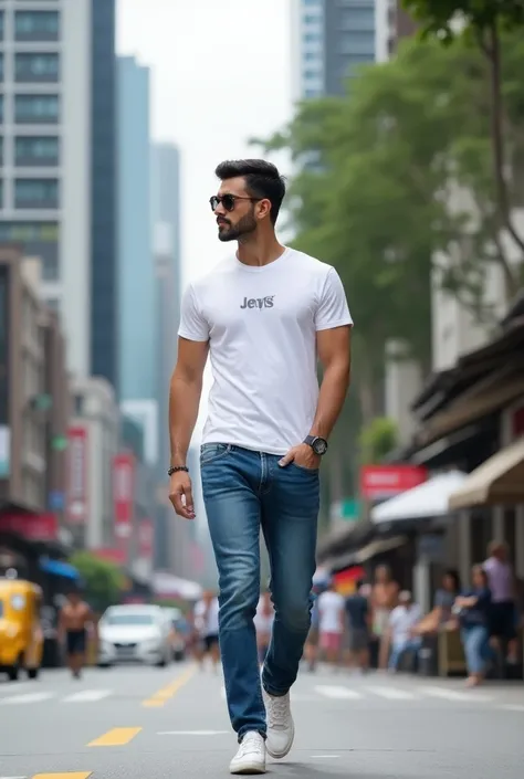  A handsome Malay man is walking in the city at noon. He wears a branded white tshirt
 Levis and a pair of blue jeans . 