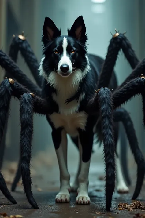 Create a short haired black and white Border Collie with a spider costume