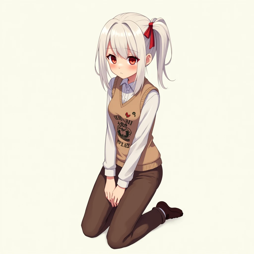 Kengi, teen girl, female, white hairstyle with one ponytail, red eyes, brown knitted vest with print, brown trousers, shy, nerdy, kneeling, (anime concept art:1.2), (character  concept design:1.25), (painted anime style:1.25)