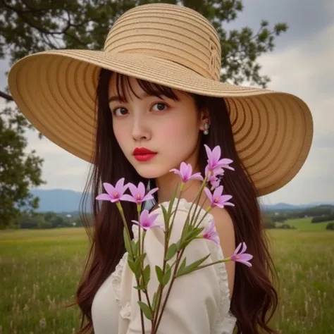 oil painting, 1girl, holding flowers, sitting, long wavy hair, victorian dress, red lips, romanticism, straw hat