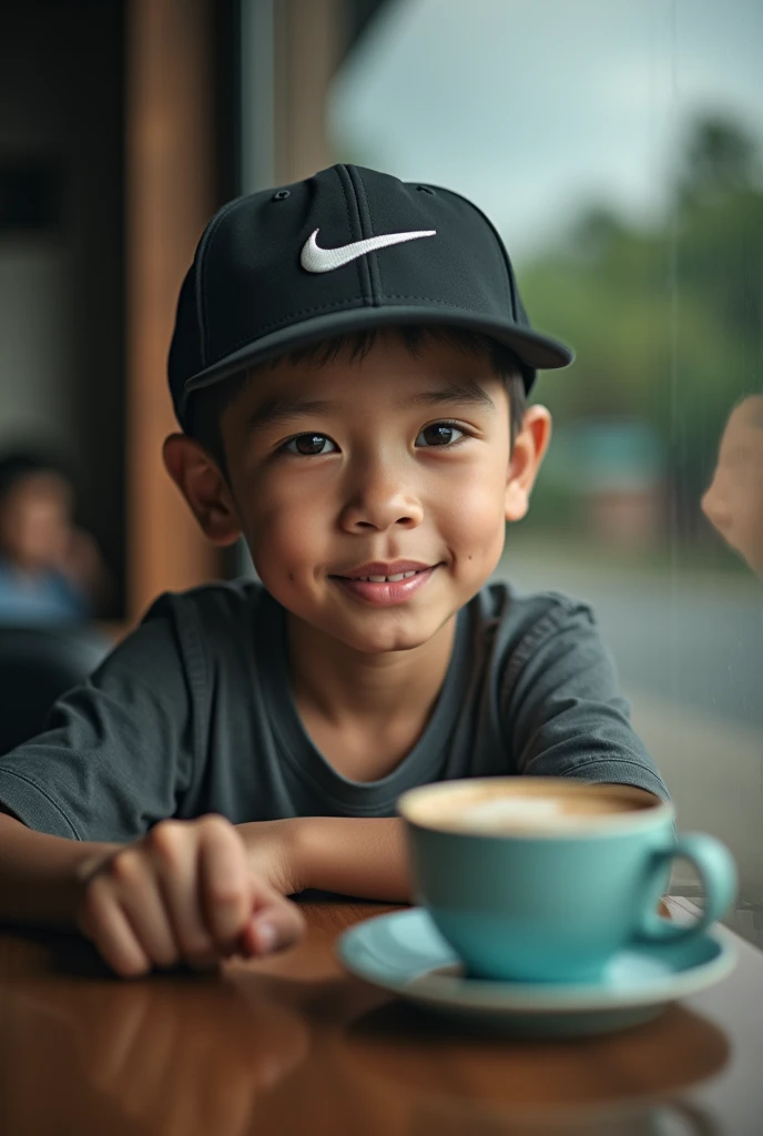 Medium shot of a malay boy,caps "nike" sitting by a café window, sipping coffee.  Captured with a 85mm lens to emphasize her calm expression, her  reflection merges with the view outside, blending the tradisional landscape.  Soft, natural light falls on he...