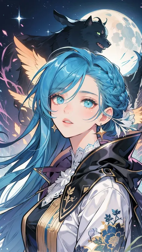 anime webtoon 2d art, full body portrait, neon green-blue hair with gradient, thin girl with pale skin covered with sequins and a scattering of constellations, A white iridescent magical sublime halo nimbus, blind eyes with black whites of the eyes and a p...