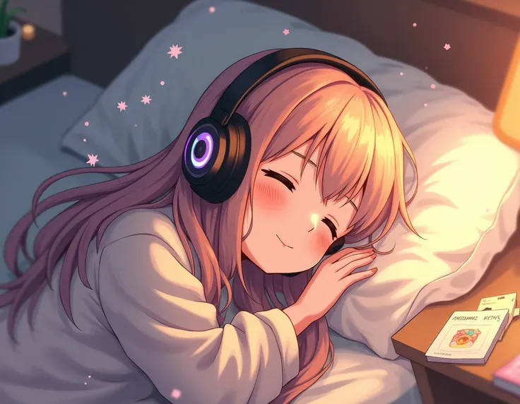 anime painting style ,  girl with earphones sleeping