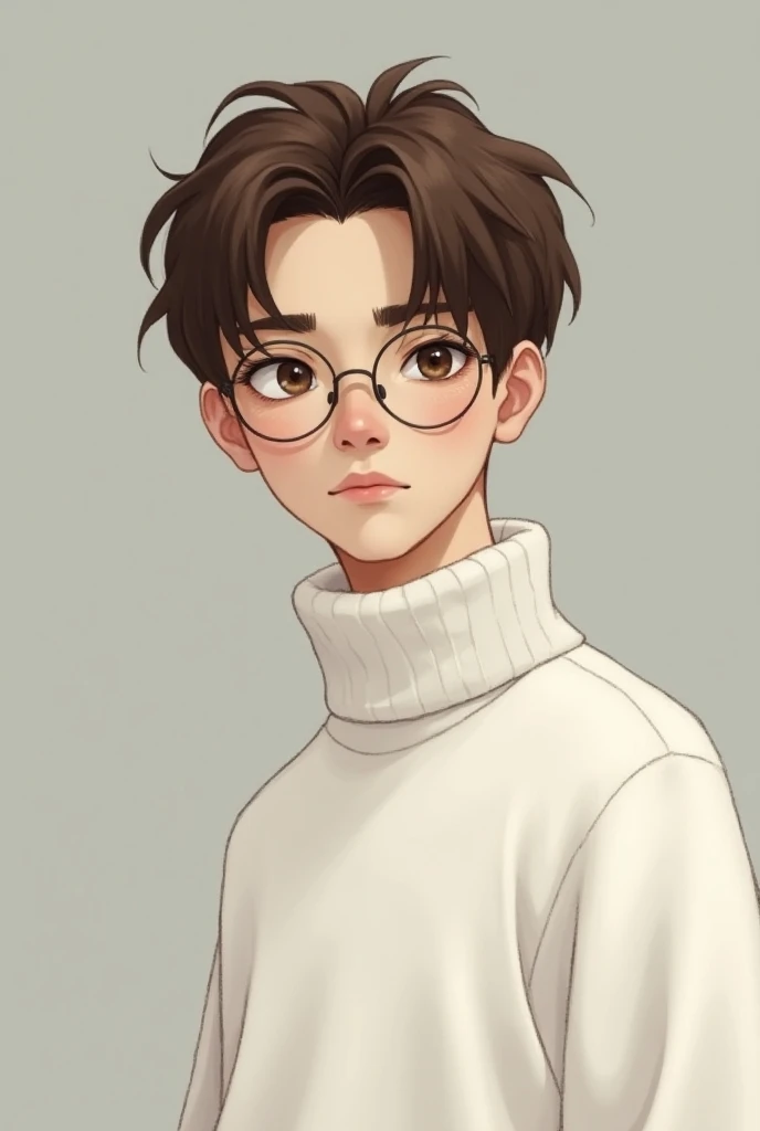 
 A twenty-two-year-old boy ,  with brown hair  (book-style cut ), pale skin,  one meter seventy tall and hazel eyes ( you also have Asian features )  wears a white sweater with glasses .