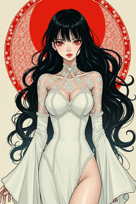 black hair, white woman, red eyes, white lace dress, ((best quality)), ((masterpiece)), (detailed), cyberpunk mecha japanese girl, surreal, art nouveau, in the illustrative style of moebius, ethereal, medium breasts, cleavage, 