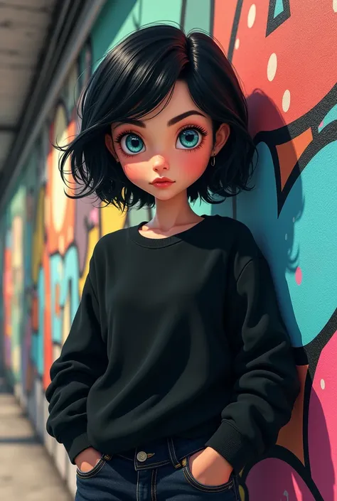  generate a pixar-type poster of a 15-year-old teenage woman, slim, short,  jet-black hair and sky blue eyes , black sweatshirt and dark jeans ,  behind a mural where there is shade seeing something in the background  