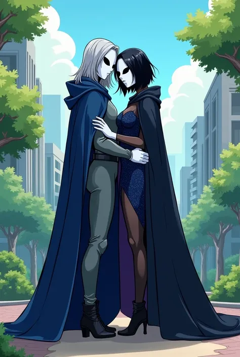 (2female, couple) faceless, mask (white face mask, black eyes/) grey hair, long hair, blue long cape, (cape covering full body/), white gloves, grey clothing bodysuit, black heels boots, wide open trousers pants, pants covered boots, used cape to covered, ...