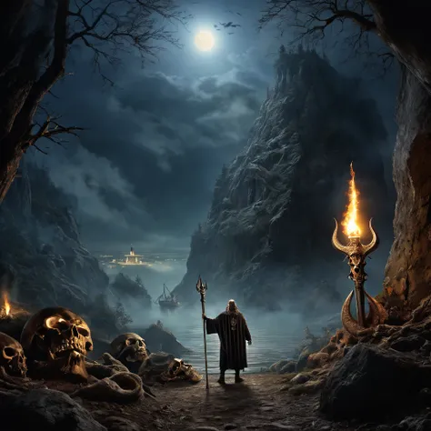 8k,  best quality , masterpiece, Ultra-High-Resolution, (Realism: 1.4), Original image, Exactly,  super detailed,   eine höhle mit Fackeln , standing in front of Satan with the trident in his hand,  on the ground there are skeletons ,Dämonen und sukkubuse,...