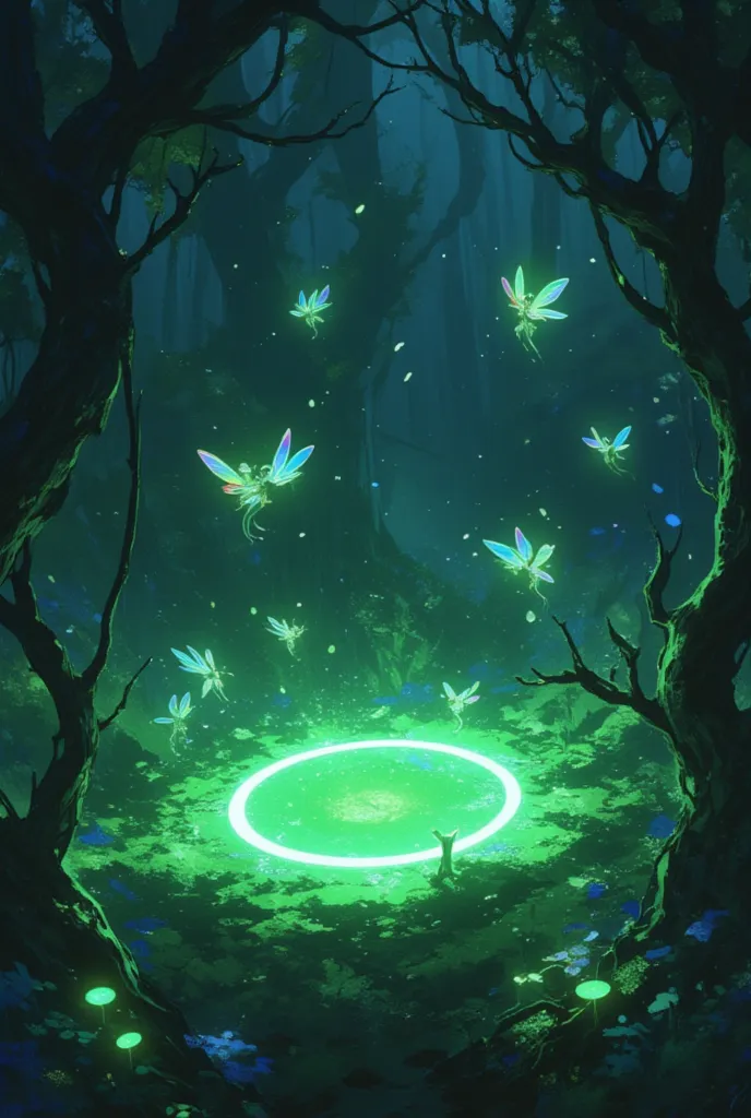 small cute fairies dancing happily upon fairy ring in the dark forest, Lots of shiny fairy dust , glowing green fairy rings