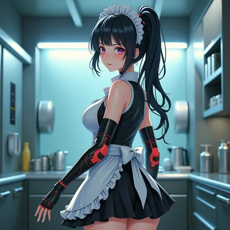  Anime style,  best quality , Cyber,  Android maid with maid clothes,  Big breasts , wide hips, future, kitchen,  Side view,  seen from above,  looking at the spectator, 