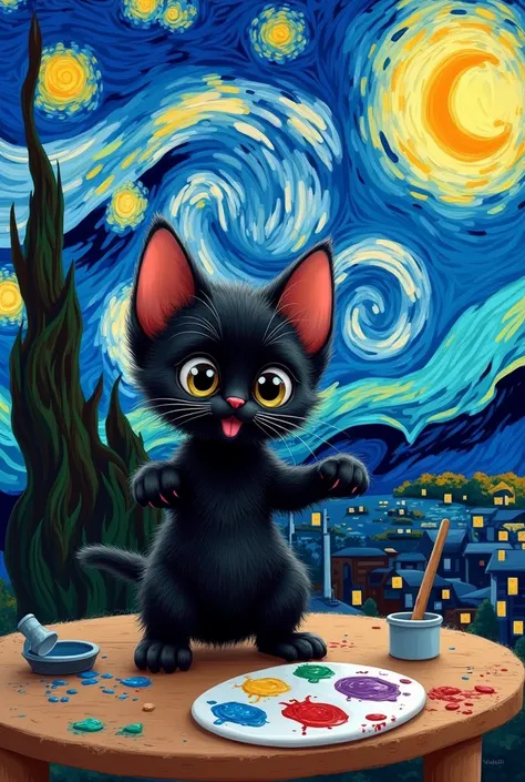 Animated black kitten ,  that comes out painting a picture of Van Goths starry night