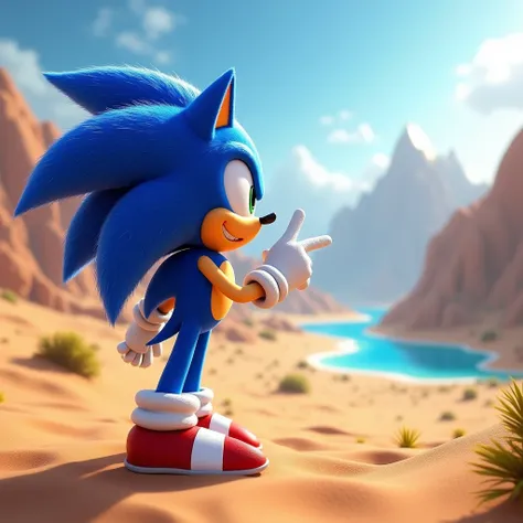  Sonic looking toward the horizon,  with a confident smile , Pointing to the distant oasis .