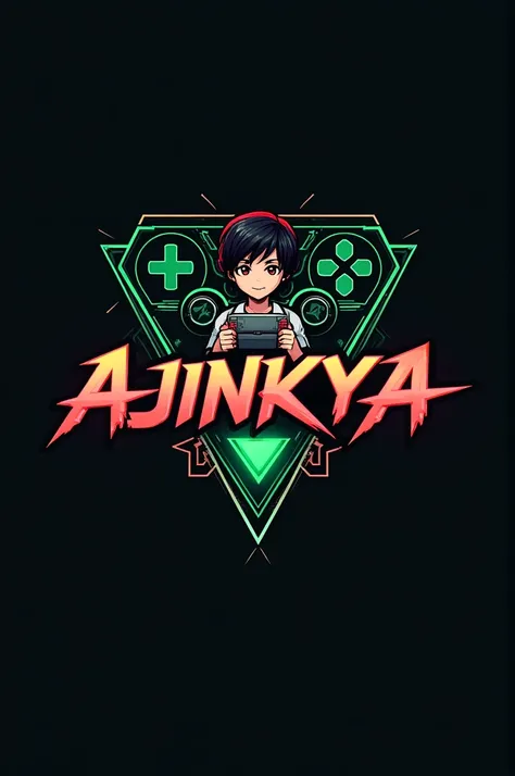 This is gaming logo that features the name Ajinkya in a futuristic front and red and green colour and boy anime avtar, The logo also has  a stylized controller icon and a YouTube paly button in the background . The logo is designed to be attractive and eye...