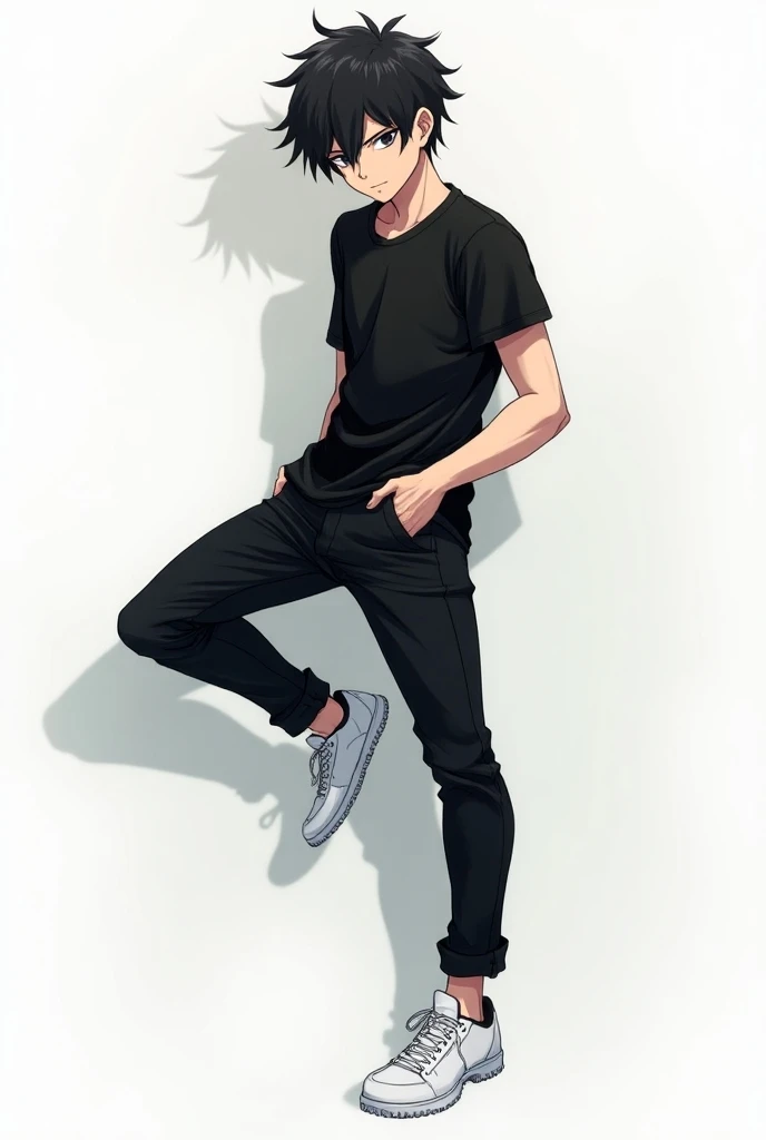 make a black haired boy anime, his body is thin and tall , wearing a black shirt, wearing black pants, wearing white shoes, cool posing 