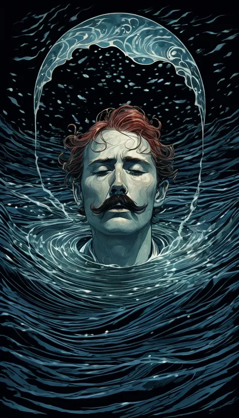 A surreal illustration  of a sailor with long mustache, submerged in a dark, turbulent ocean, his body glowing fragments that resemble shattered glass with delicate, swirling tendrils of light escaping from the cracks, while his face, contorted in anguish,...