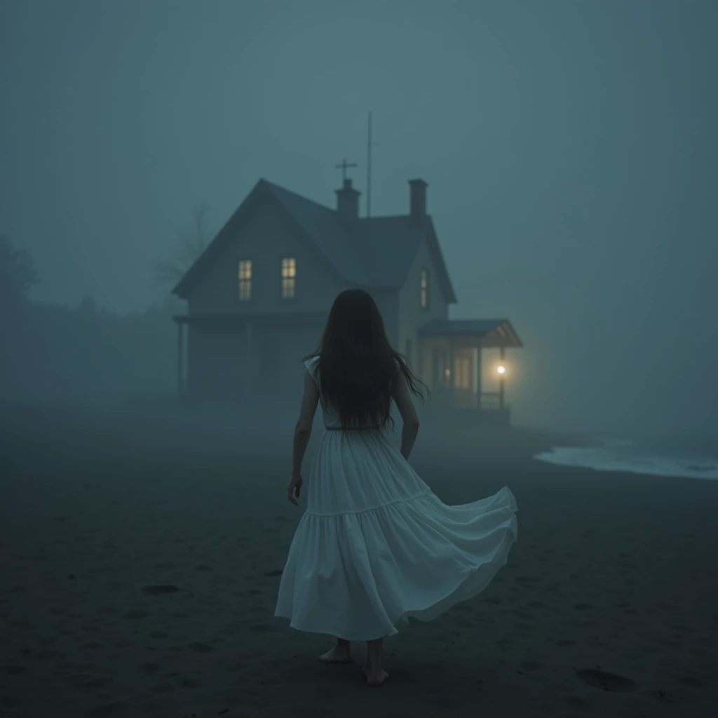 A house on the beach, night, one from behind,  brown hair,  white dress , está a night, very dark, fog, terror
