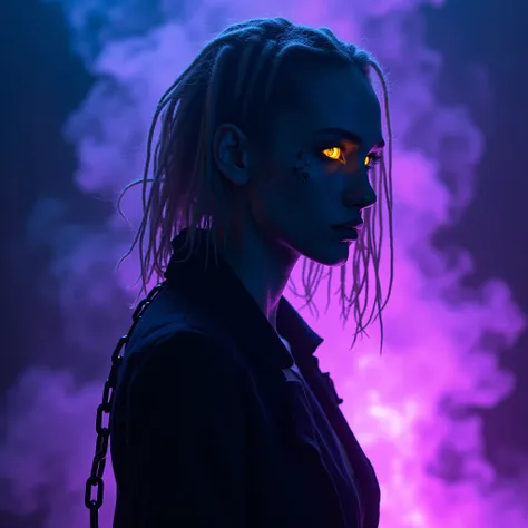 Best Quality　Ultra delicate　Silhouette only　 white skin　 waist shot　diagonal　 sideways　Blue light　Pink light　Purple Flame　Purple Fire 　　Fire in the background　The surroundings are burning　　Devil　Beast　Elf　　Eyes glowing yellow in the dark 　dark　　 Thin Short...