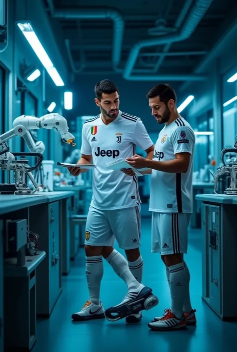 Cristiano Ronaldo and Lionel Messi are in a high-tech laboratory, both wearing their respective Juventus and Barcelona jerseys. Ronaldo is holding a clipboard, while Messi adjusts a robotic arm in front of them, testing the machine’s precision. The lab is ...