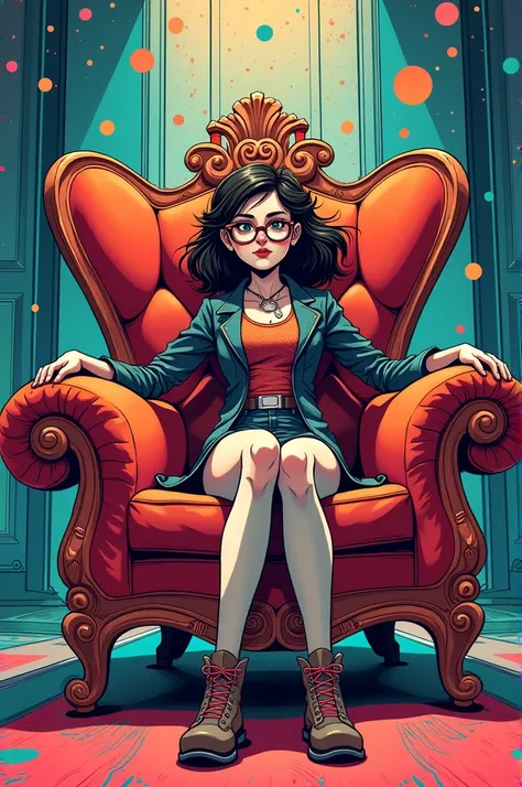 Manga: Geeky princess on her armchair-throne and her nerdy minion with glasses at her feet in a graphic world 