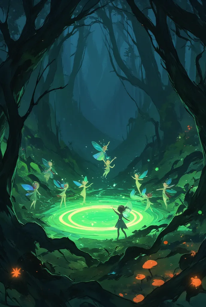 small cute fairies dancing happily upon fairy ring in the dark forest, Lots of shiny fairy dust , glowing green fairy rings