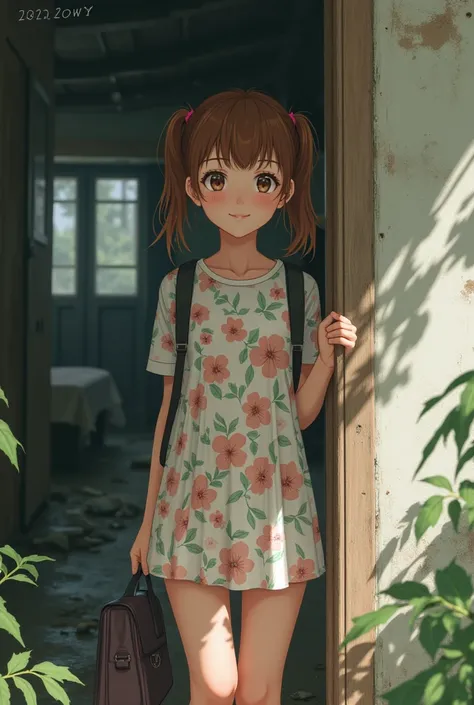 masterpiece,  best quality, Genuine, ((Quite Very Juvenile girl)), ((Floral dress)), Brown Hair,  twin tail hairstyle,  school bag,  backpack in an abandoned house, smile, School,  looking at camera,  peek out the panties from under the skirt,  white panti...