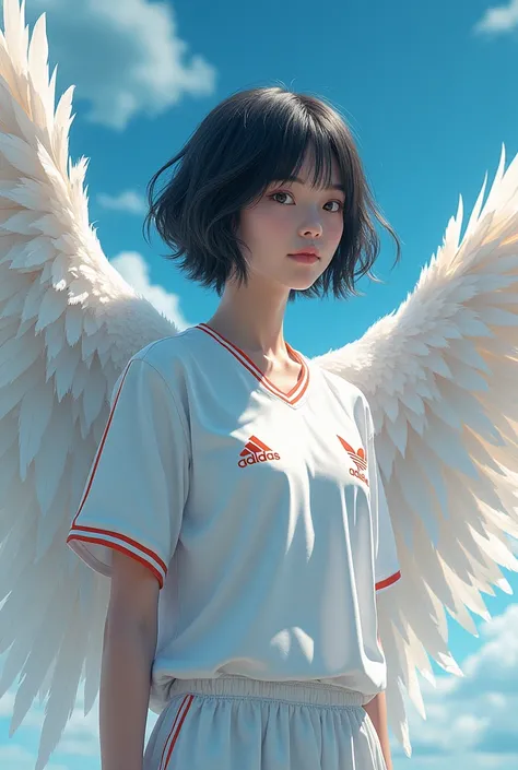  araffe、A common characteristic of fashion , white adidas jersey、Digital art inspired by the butterfly wings of a very beautiful Japanese high school girl 、Black Hair、 short hair、Patsun,  exquisite and handsome wings  , With real feathers, with  big wings,...