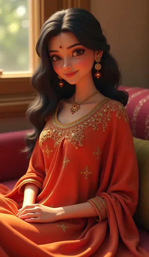 Close -up a woman sitting on the sofa 3D animation, wear attractive clothes suits salwar, good figure,