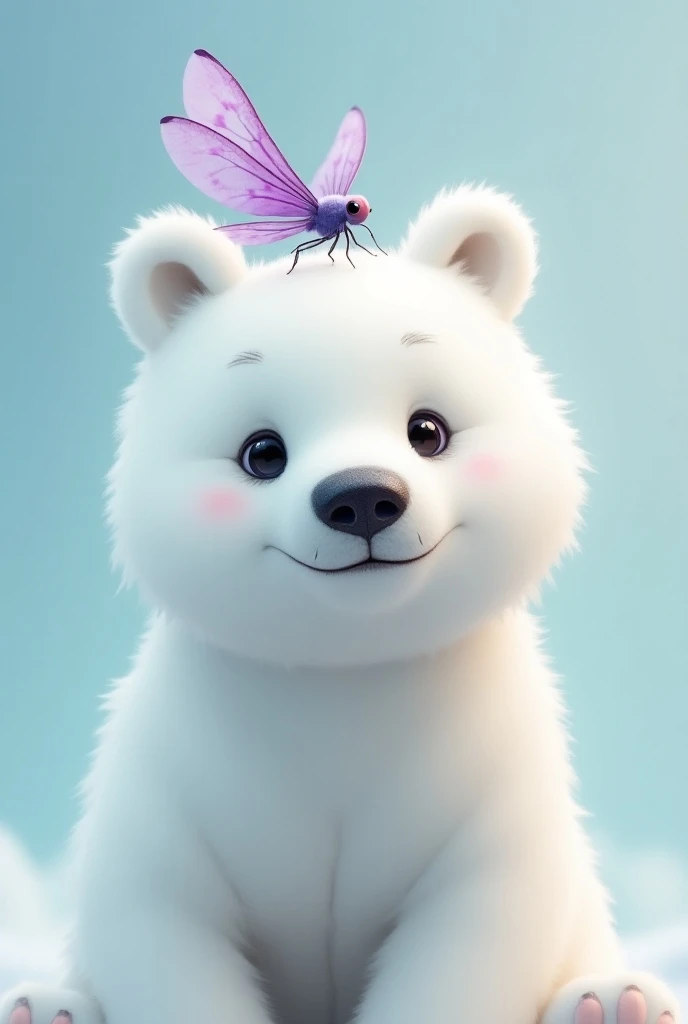 Face of a cute polar bear with a dragonfly with purple wings standing on its nose 