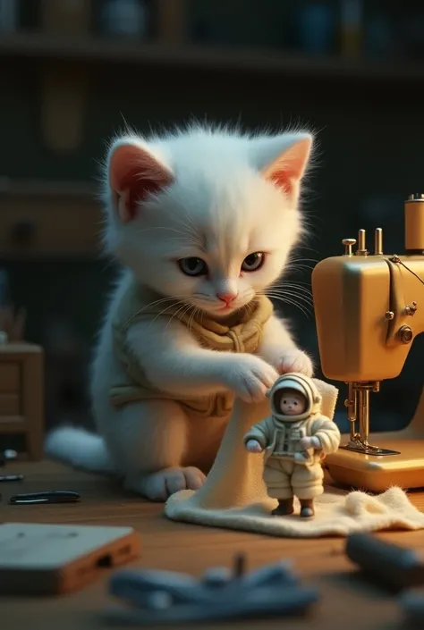 Prompt:** The white kitten sits at a sewing machine, carefully sewing a miniature astronaut suit. The room is dimly lit, creating a cozy atmosphere. Various sewing tools are visible. The kittens expression is focused and determined.

