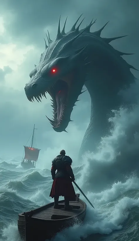 A cinematic 4k photo of a Viking ship on a stormy sea. The ship is caught in a whirlpool created by a giant sea serpent with glowing red eyes. The serpents massive size fills the scene, with its head and body emerging from the depths of the ocean. The wate...