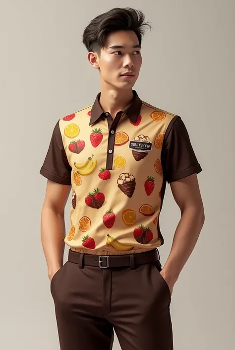  Create an image of an employee uniform but with a theme of fruits dipped in chocolate ( The name of the company is Sweet Fruit Bites) )(man) realistic