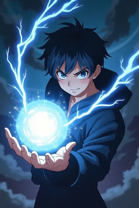 Anime boy with dark aura hold Lightning ball