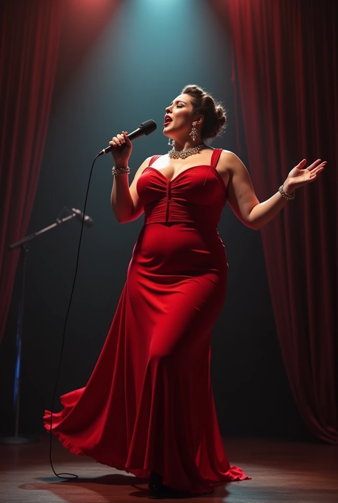 Gorgeous female singer in chubby red dress singing on stage