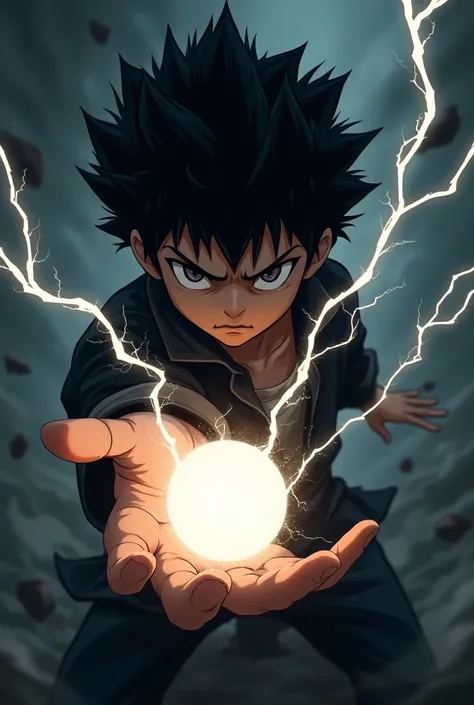 Anime cold amok boy with dark aura hold Lightning ball