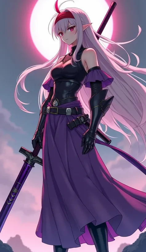  masterpiece ,best quality,height,ultra-detailed,Yuki (star),Pointed ears,Long hair,Ahoke,Red headband,Leonard, Purple Open Shoulder Steel Armor Set,Purple Sleeve ,Split arm,Purple gloves,  Classic Purple Longsword,belt,Long skirt,(Purple Skirt :1.2),Boots...